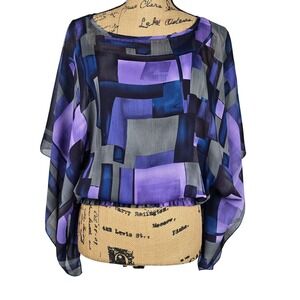 Simply French Geometric Print Dolman Sleeve Blouse Top Purple Blue Gray Size S